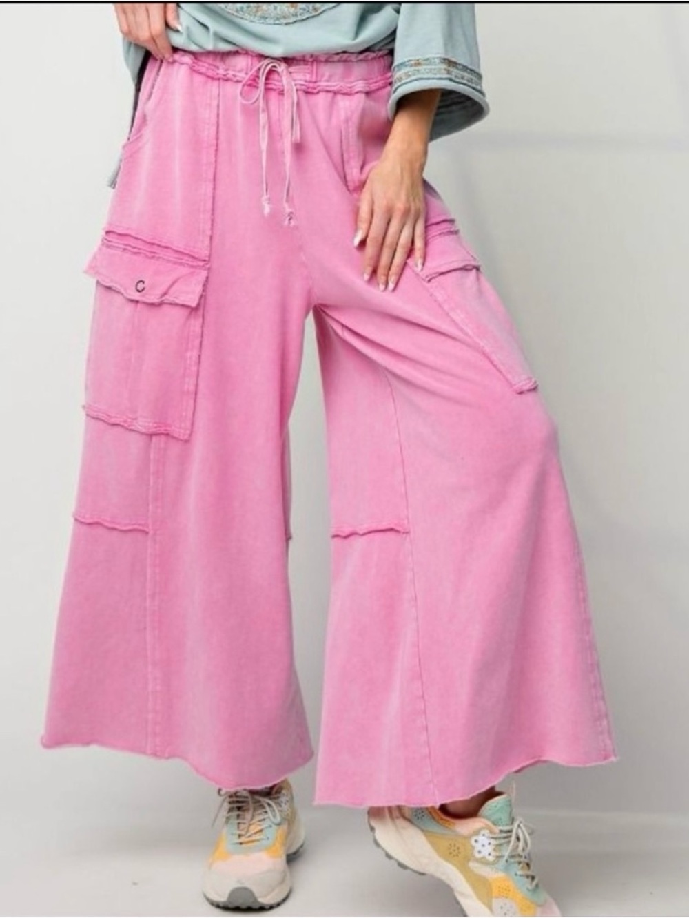 EASEL Cargo Mineral Washed Raw Seams Extra Wide Leg Utility Pants